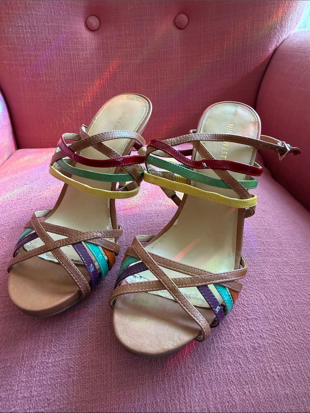 Nine West Brown Leather Heels with Multicolor Straps